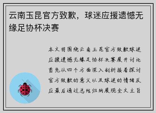 云南玉昆官方致歉，球迷应援遗憾无缘足协杯决赛